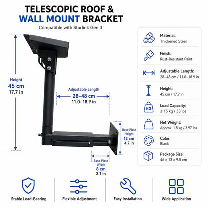 For Starlink Gen 3 Telescopic Roof Wall Mount Bracket Adjustable Angle Steel Pole, Telescopic Roof Wall Mount