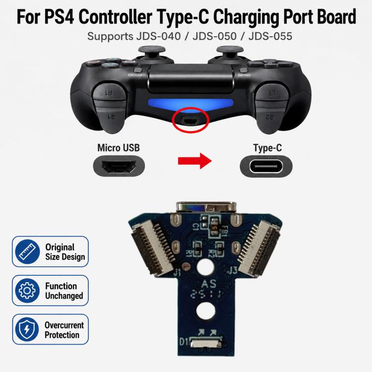For PS4 Controller USB-C / Type-C Charging Port Board JDS-040/050/055 Power Socket Repair Mod Kit, No Cable, with Cable