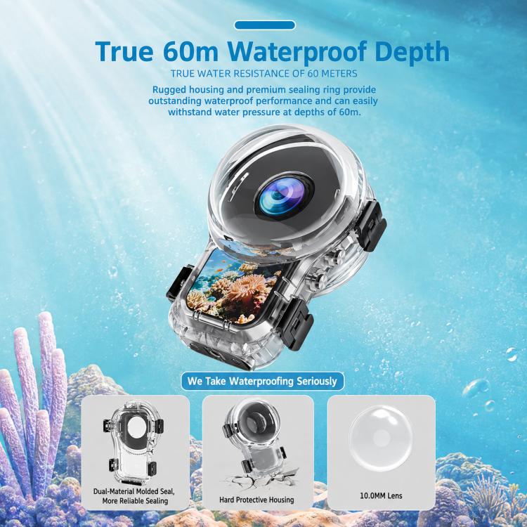 For Insta360 X6 Waterproof Housing 60M/196FT Invisible Dive Case with Foldable 2-Prong & 1/4inch Thread, 360 Panoramic Foldable 2-Prong