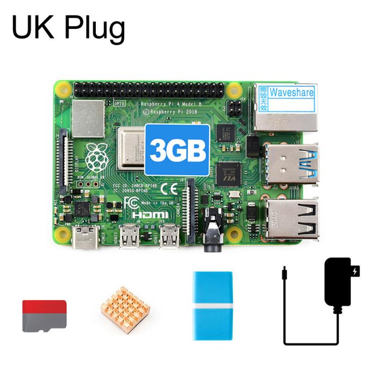 Waveshare Raspberry Pi 4 Model B Starter Kit 3GB RAM With 16GB TF Card, EU Plug, US Plug, UK Plug