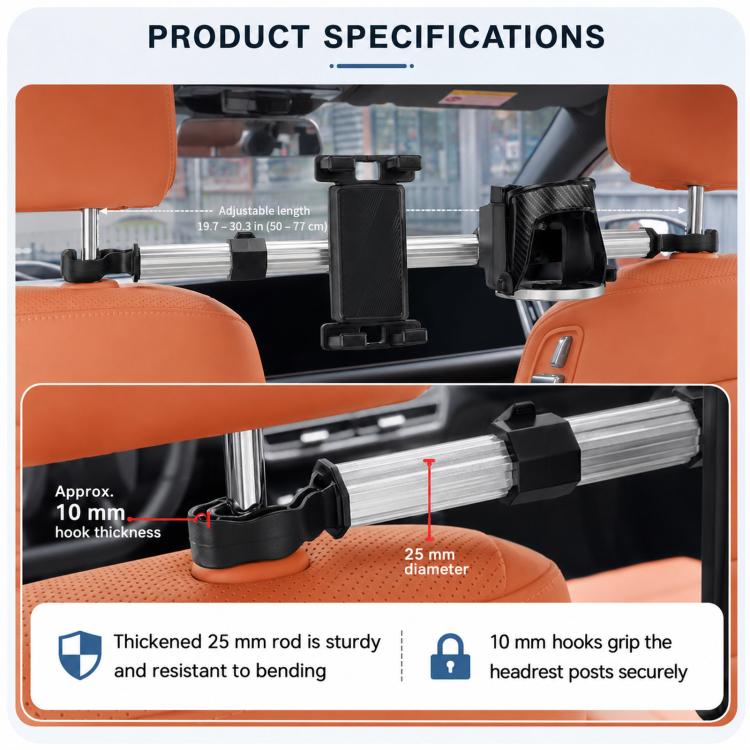 Car Seat Back Aluminum Tube Phone Holder Cup Holder With Hooks