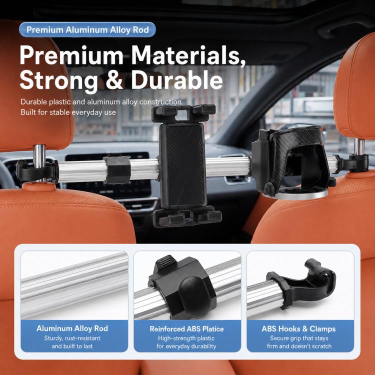 Car Seat Back Aluminum Tube Phone Holder Cup Holder With Hooks