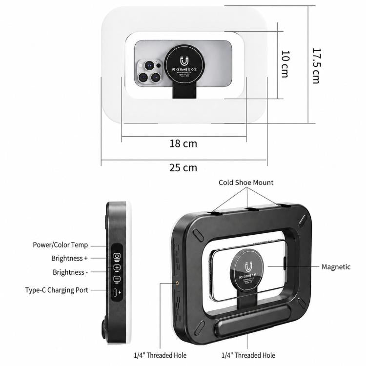 Phone Video Rig Light Rechargeable Handheld Selfie Ring Light, ZGRL01 Three-Color Temperature