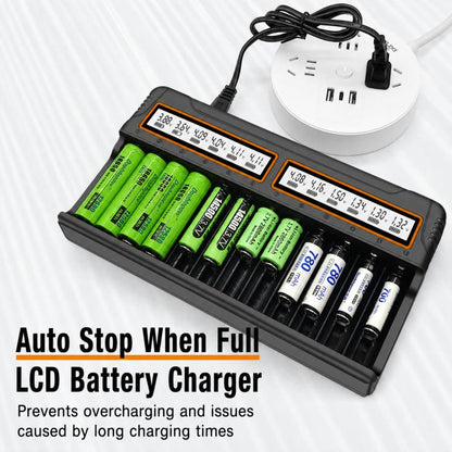 12-Slot Multifunctional Smart LCD Screen Lithium Battery Charger, US Plug, EU Plug