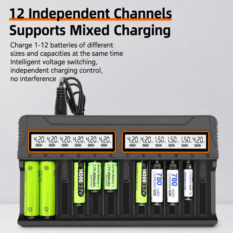 12-Slot Multifunctional Smart LCD Screen Lithium Battery Charger, US Plug, EU Plug