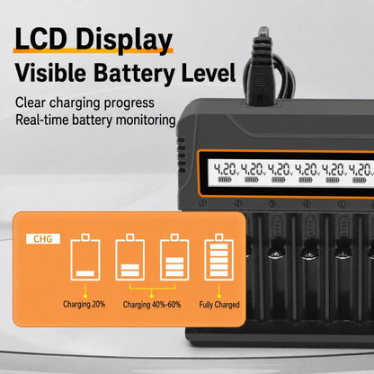 12-Slot Multifunctional Smart LCD Screen Lithium Battery Charger, US Plug, EU Plug