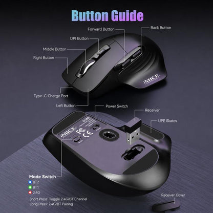 IMICE G209 Wireless Mouse Dual Mode Bluetooth 2.4G Ergonomic Rechargeable Optical Mice