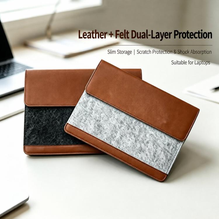 Felt Laptop Sleeve Bag PU Leather Cover Envelope Case Magnetic Closure, 14-15.4 inch, 13-14 inch
