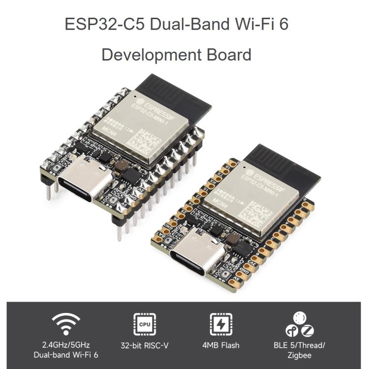 Waveshare ESP32-C5 Mini Dual-Band Wi-Fi 6 Development Board, 240MHz Single-Core Processor, with Pinheader, Without Pinheader