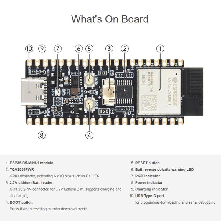 Waveshare ESP32-C5 Dual-Band Wi-Fi 6 Development Board External FPC Antenna, Without Pinheader, With Pinheader