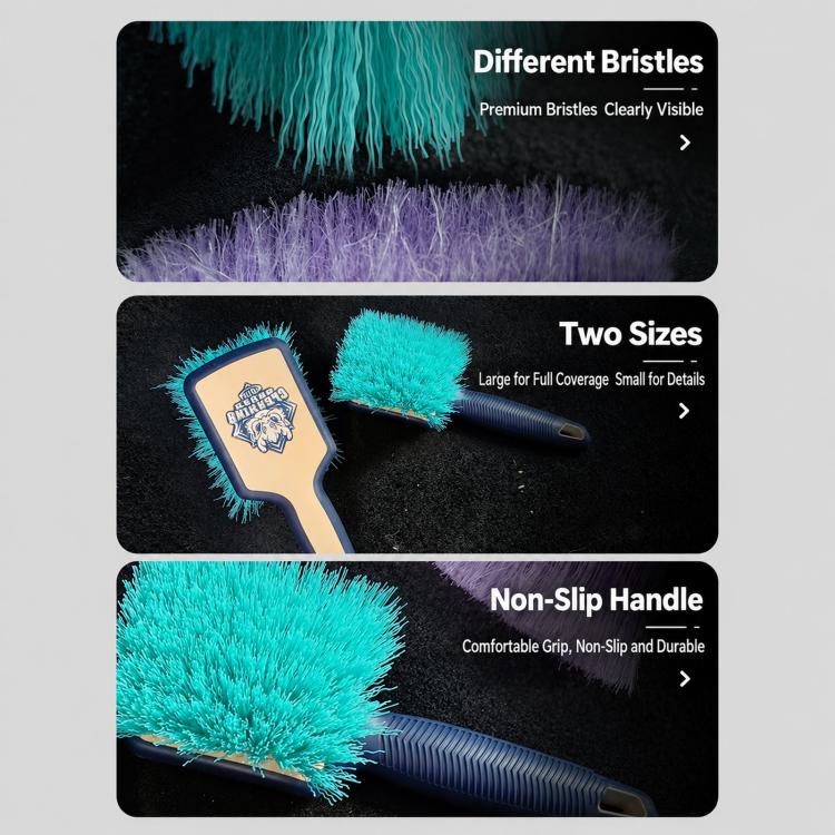 qili Car Detailing Tire Brush With Rubber-Coated Handle Carpet Cleaning Brush, Soft Fuzz Large, Strong Fuzz Large, Open Pile Large, Soft Fuzz Small, Strong Fuzz Small