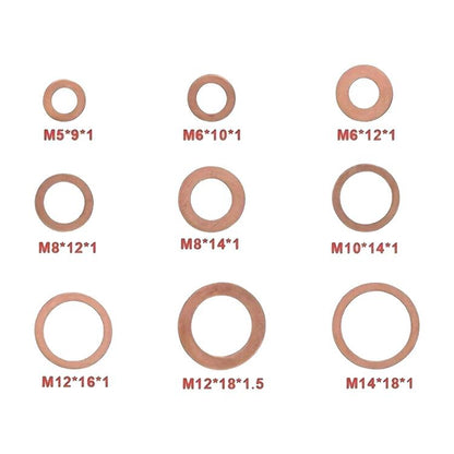 M5-M14 Copper Metric Washer Sealing Set Solid Copper Flat Ring Crush Washer Kit, 50 PCS/Box, 100 PCS/Box