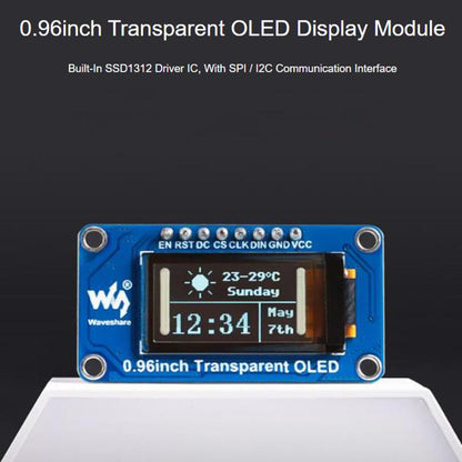0.96 inch Transparent OLED Display Module 128 x 64 Resolution SPI/I2C Interface SSD1312 Driver IC, WAVESHARE 33163