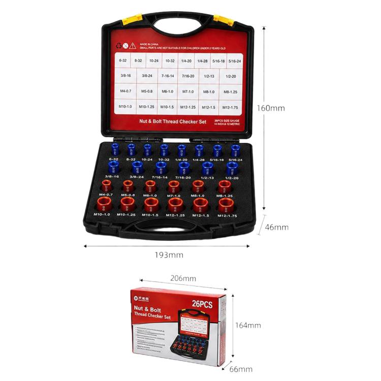 Nut Bolt Thread Checker Set For Thread Inspection Hardware Maintenance, 26 in 1