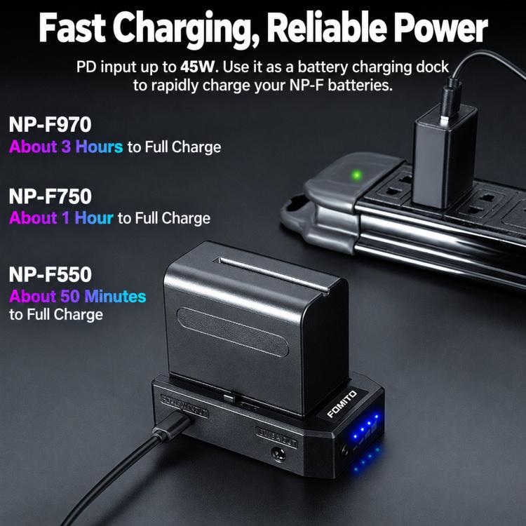 FOMITO NP-45W Multi-Function NP-F Battery Plate Multi-Port Output Battery Power Supply Base, NP-45W