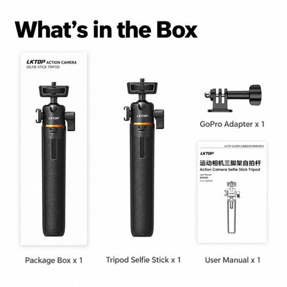 LKTOP 21-55cm Action Camera Selfie Stick Tripod Extendable Pole with 360-degree Ball Head, Cold Shoe