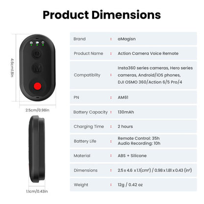 AMagisn AM61 Action Camera Voice Remote For Insta360 / GoPro HERO / DJI Series Cameras & Phones, AM61 Voice Remote