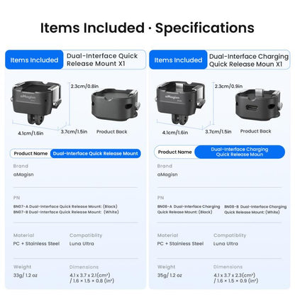 For Insta360 Luna Ultra aMagisn Dual-Interface Quick Release Adapter Mount, Standard Version Black, Standard Version White, Charging Version Black, Charging Version White