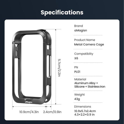 aMagisn Metal Camera Cage for Insta360 X6 Ultra-Lightweight Protective Frame with Flip-Lock Clasp