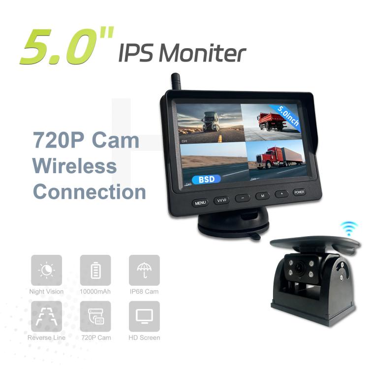 Solar Wireless Backup Camera System With 5 Inch IPS Monitor BSD Blind Spot Warning, Standard, Standard+64GB Memory Card