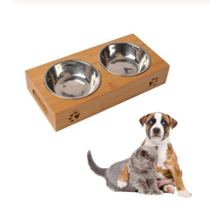 Cat Dog Pet Stainless Steel Feeding and Drinking Bowls Combination With Bamboo Frame, S, L