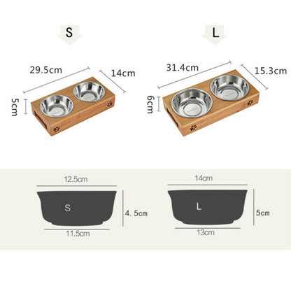 Cat Dog Pet Stainless Steel Feeding and Drinking Bowls Combination With Bamboo Frame, S, L