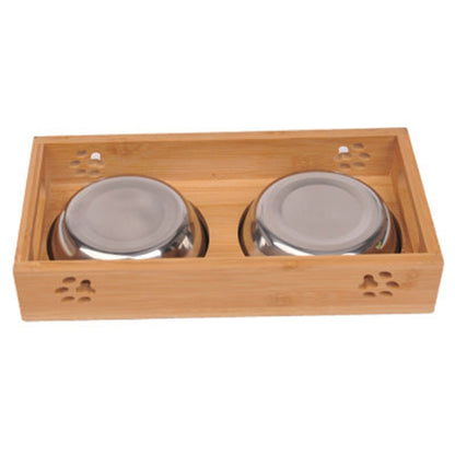 Cat Dog Pet Stainless Steel Feeding and Drinking Bowls Combination With Bamboo Frame, S, L