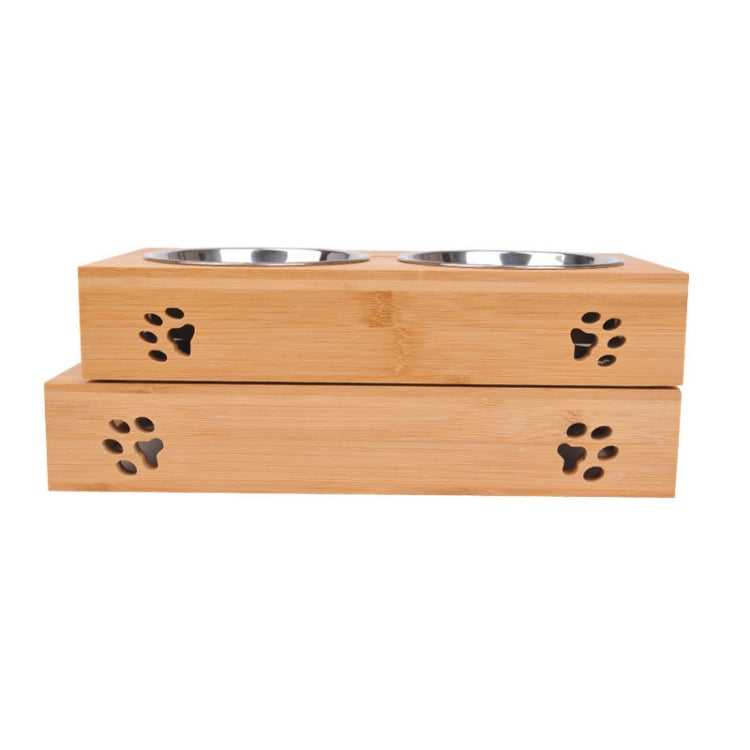 Cat Dog Pet Stainless Steel Feeding and Drinking Bowls Combination With Bamboo Frame, S, L