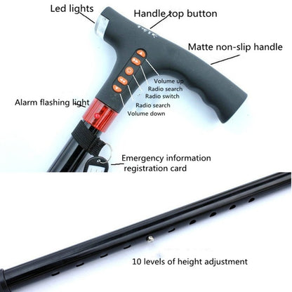 Ten-speed Adjustable Cane With Light And Radio Alarm For The Elderly, 8062