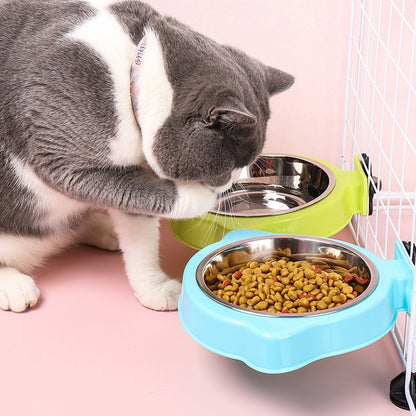 Pet Food Bowl Dog Cage Hanging Stainless Steel Fixed Bowl, Blue, Pink, Green