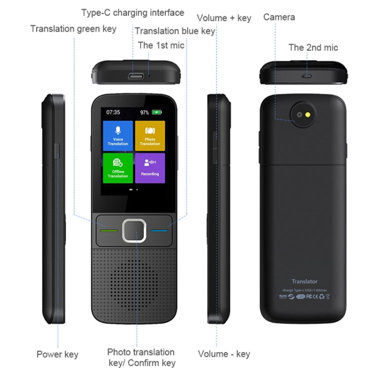 T10 Portable WIFI Smart Voice Translator Smart Business Travel Real Time AI Translator Translation Machine, T10 Black
