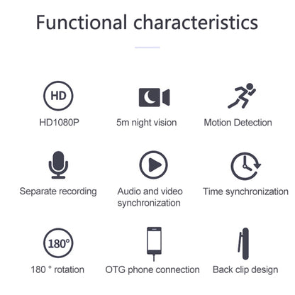 B19 Back Clip Design 1080P HD Camera Video Recorder, Support Motion Detection / Infrared Night Vision /180 Degrees Rotation Camera / TF Card / OTG