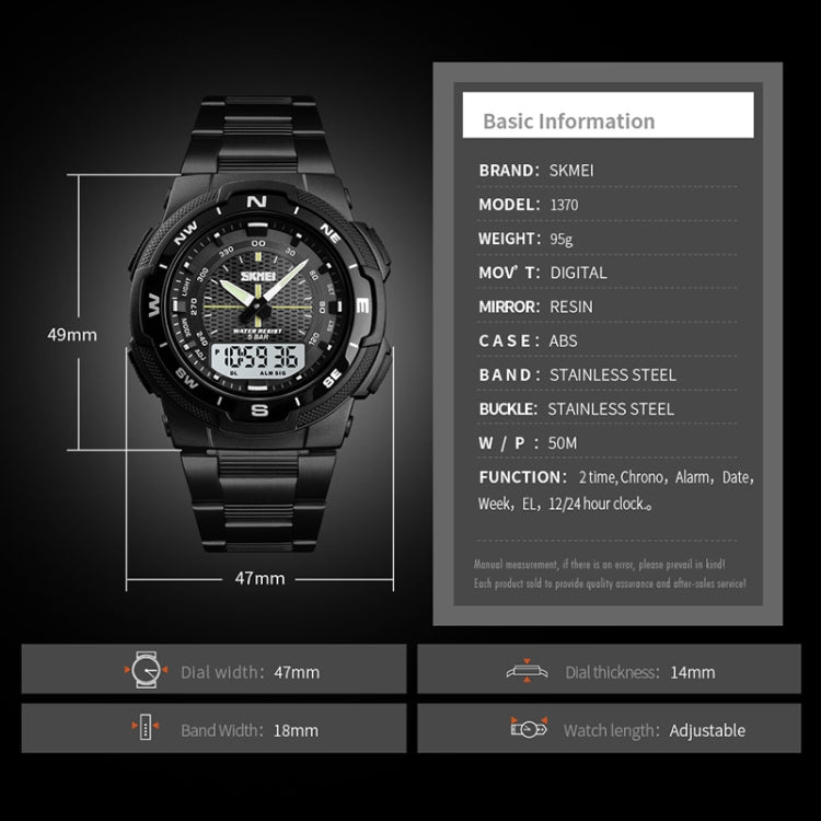 SKMEI 1370 Multifunctional Men Outdoor Sports Noctilucent Waterproof Stainless Steel Digital Wrist Watch, SKMEI 1370