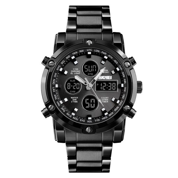 SKMEI 1389 Multifunctional Men Business Digital Watch 30m Waterproof Large Dial Wrist Watch with Stainless Steel Watchband , 1389 Black, 1389 Blue, 1389 Silver