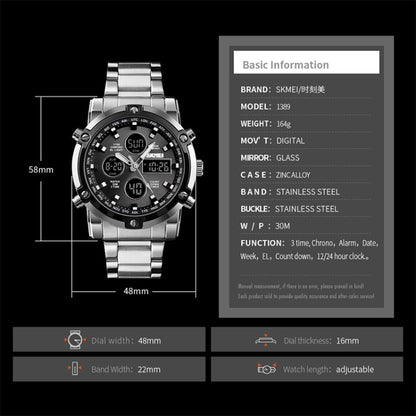 SKMEI 1389 Multifunctional Men Business Digital Watch 30m Waterproof Large Dial Wrist Watch with Stainless Steel Watchband , 1389 Black, 1389 Blue, 1389 Silver