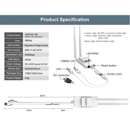 VONETS VAP11S-5G Mini Wireless Bridge 900Mbp WiFi Repeater with 2 Antennas & Fan