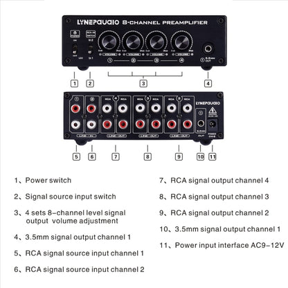 LINEPAUDIO B981 Pro 8-ch Pre-amplifier Speaker Distributor Switcher Speaker Comparator, Signal Booster with Volume Control & Earphone / Monitor Function, B981